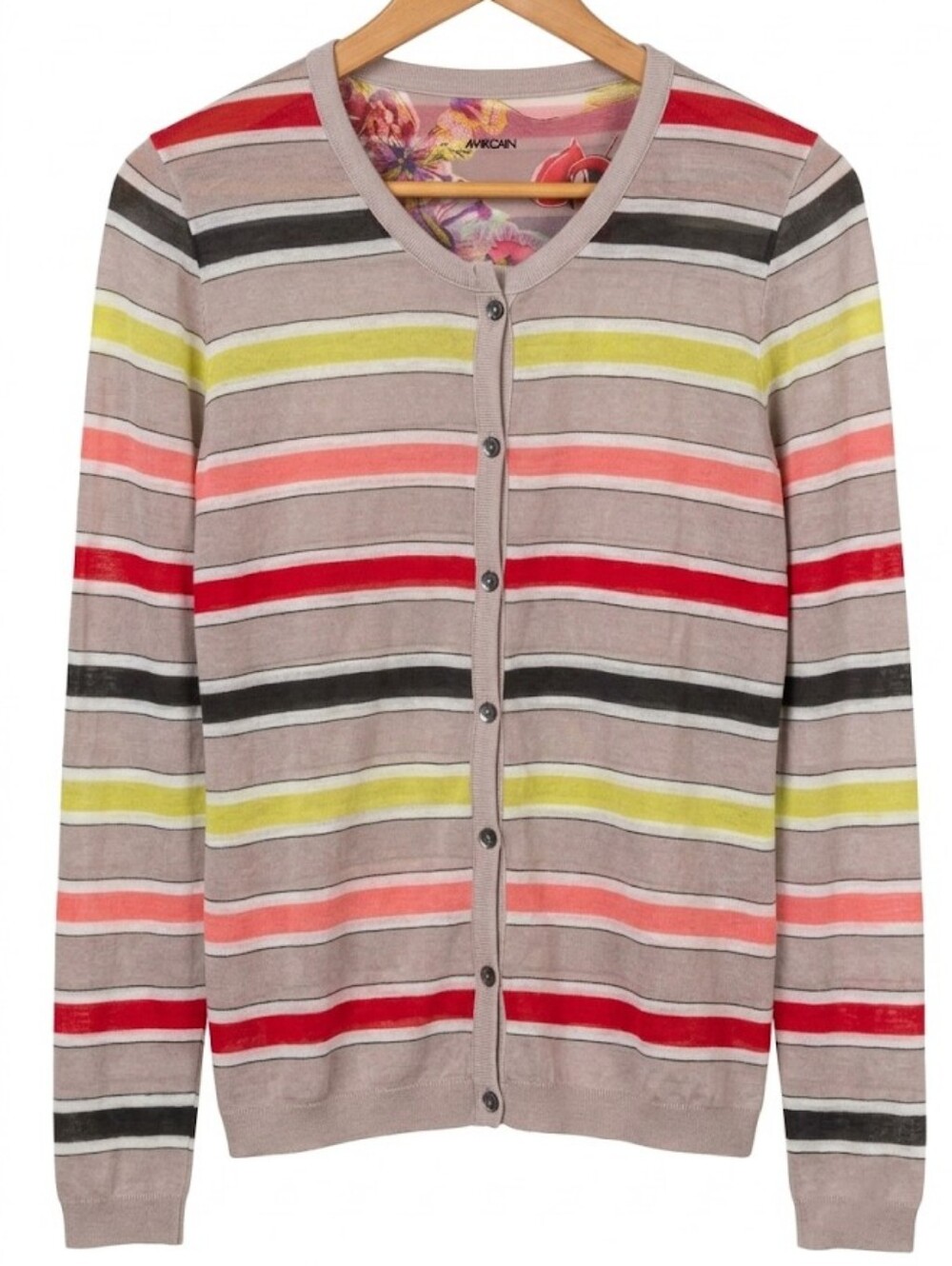 Marc Cain Striped Button-Down Cardigan with Floral Collar Detail